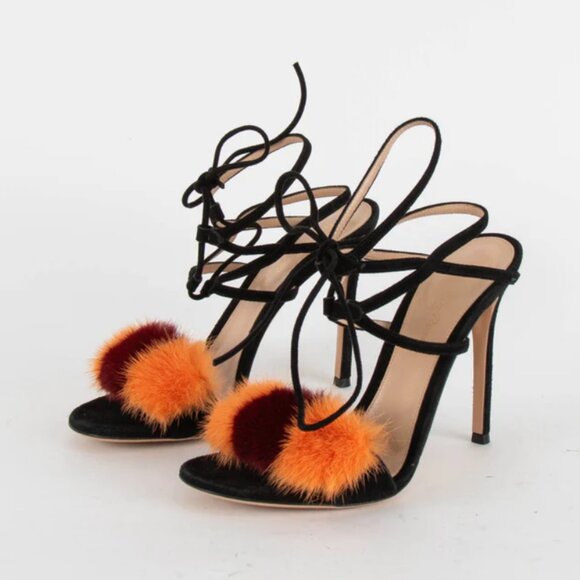 Gianvito Rossi Black Tie Ankle Mink Heels - Picture 9 of 12